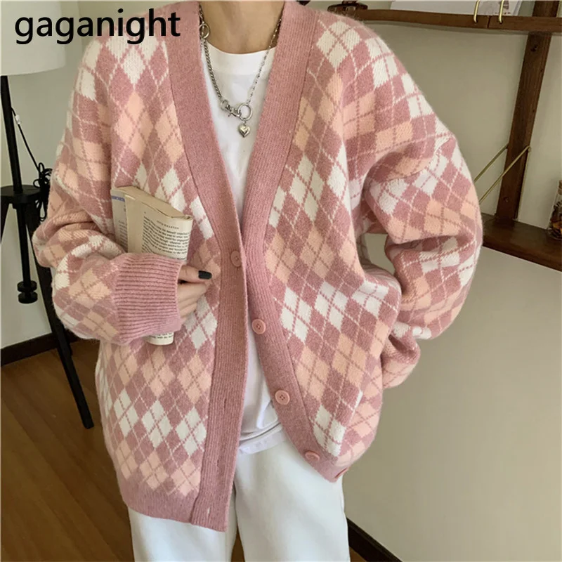 

Gaganight винтажный женский кардиган, однобортный шикарный кардиган с длинными рукавами, клетчатый свитер, Осень-зима, модная верхняя одежда, то...