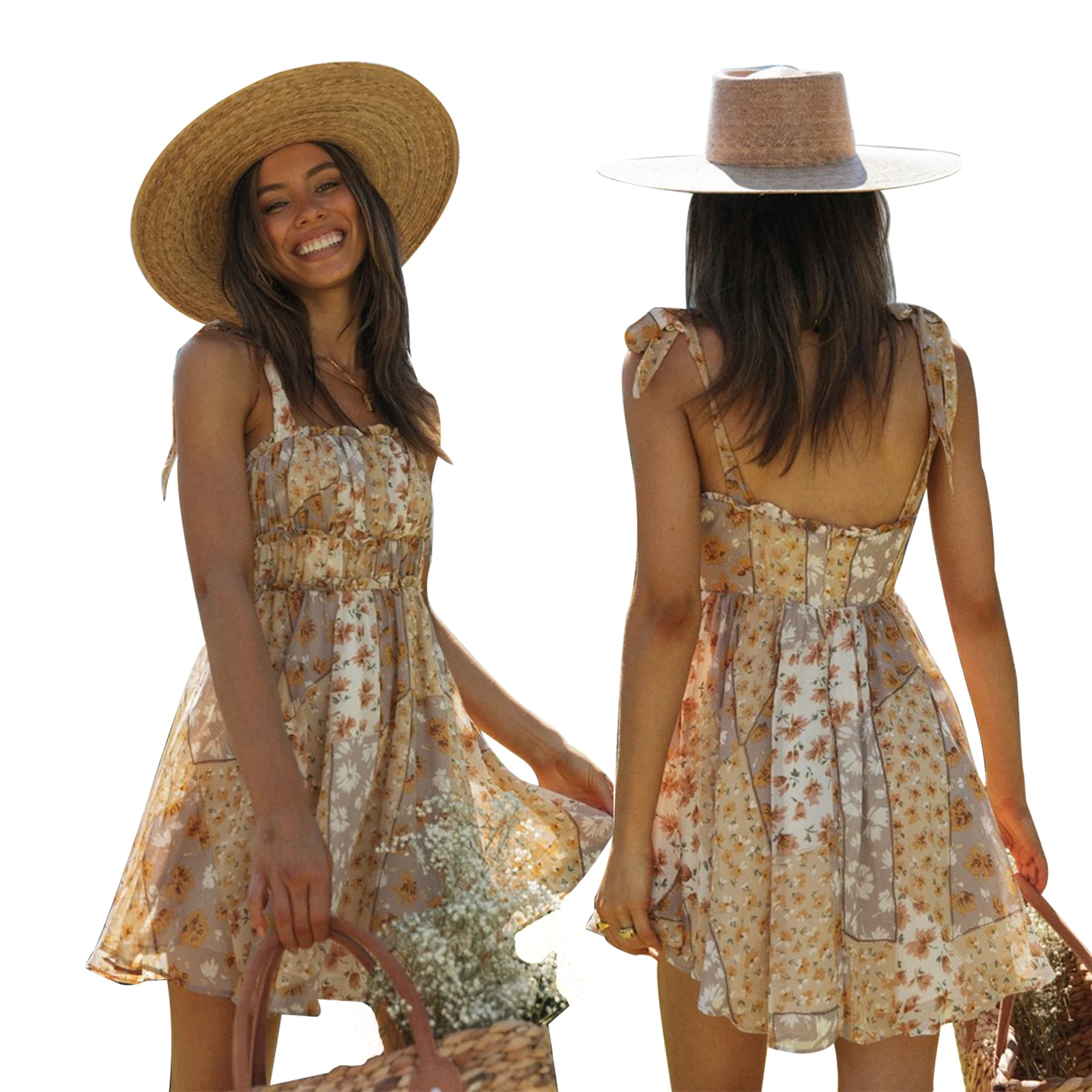 

2021 Summer Women's Boho Dress Floral Printing Backless Strappy Dresses Beach Holiday Elegant Short vestido de mujer New