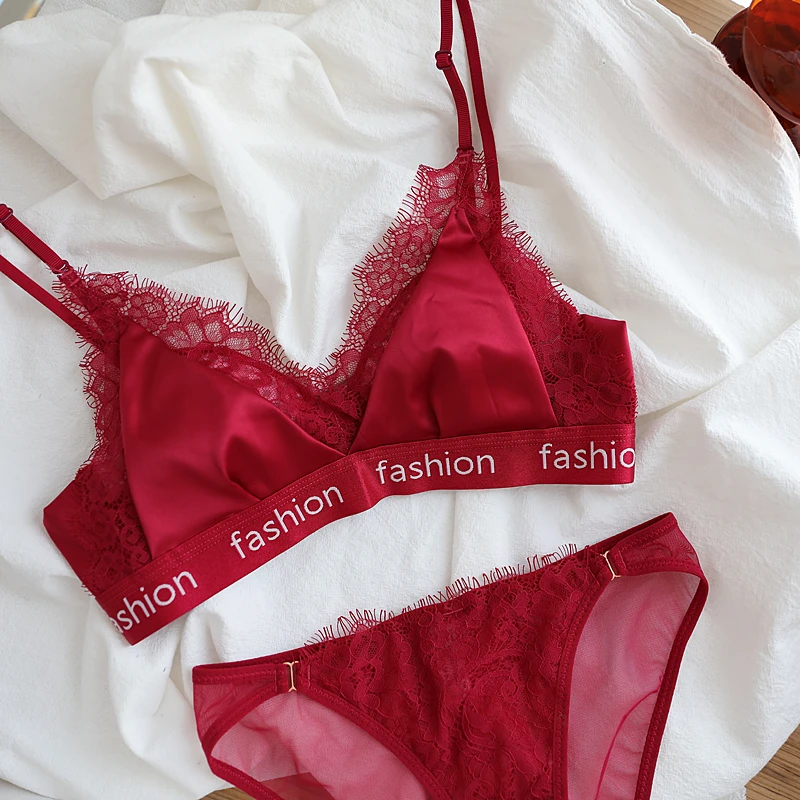 

Satin eyelash lace thin underwear triangle cup english letters bralette sexy women's bra set without steel ring lingerie