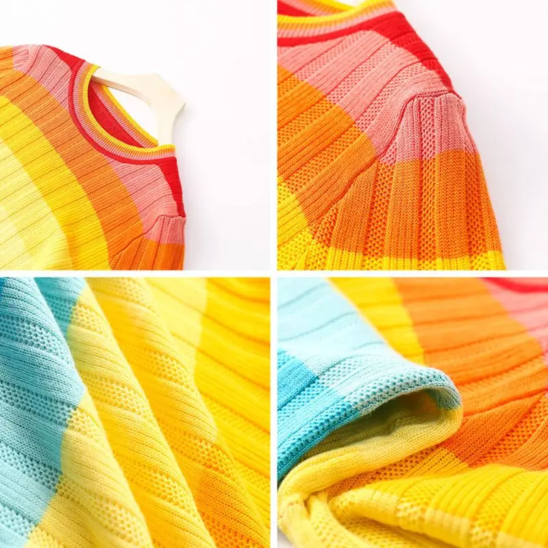 

Women Autumn Long Sleeve Knitted Sweater Rainbow Color Stripes Jumper Pullover F42F