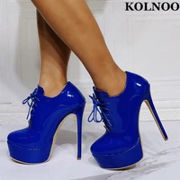 kolnoo new handmade ladies high heels boots patent leather cross shoelace sexy platform ankle boots evening daily fashion shoes