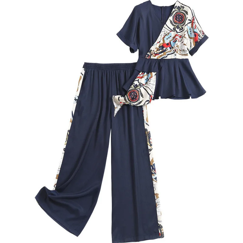 

2020 New Spring Round Collar Print Color block Ruffle T-shirt And Wide Leg Pants Women Streetwear Loose Causal Set