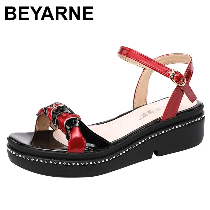 

BEYARNE Plus Size 32-43 Medium Heel Platform Sandals Women Shoes Summer 2021Brife Wedges Sandals Ladies Beach Sandals Casual Red
