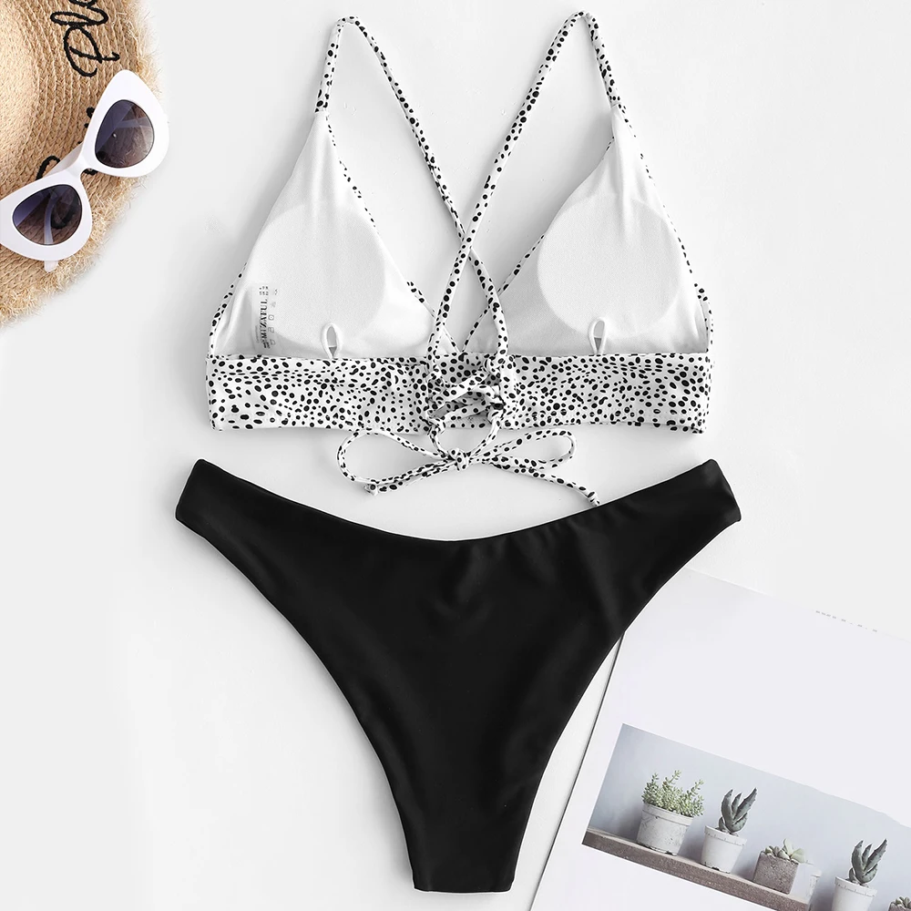 Женский купальный костюм в горошек на шнуровке | Женская одежда