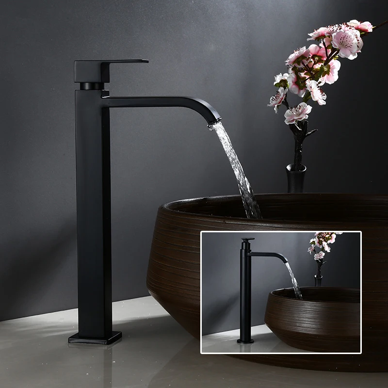 

Bathroom Basin Faucet Stainless Steel Waterfall Tall Sink Vessel Tap Matt Black Single Handle Deck Mount Lavotory Faucets