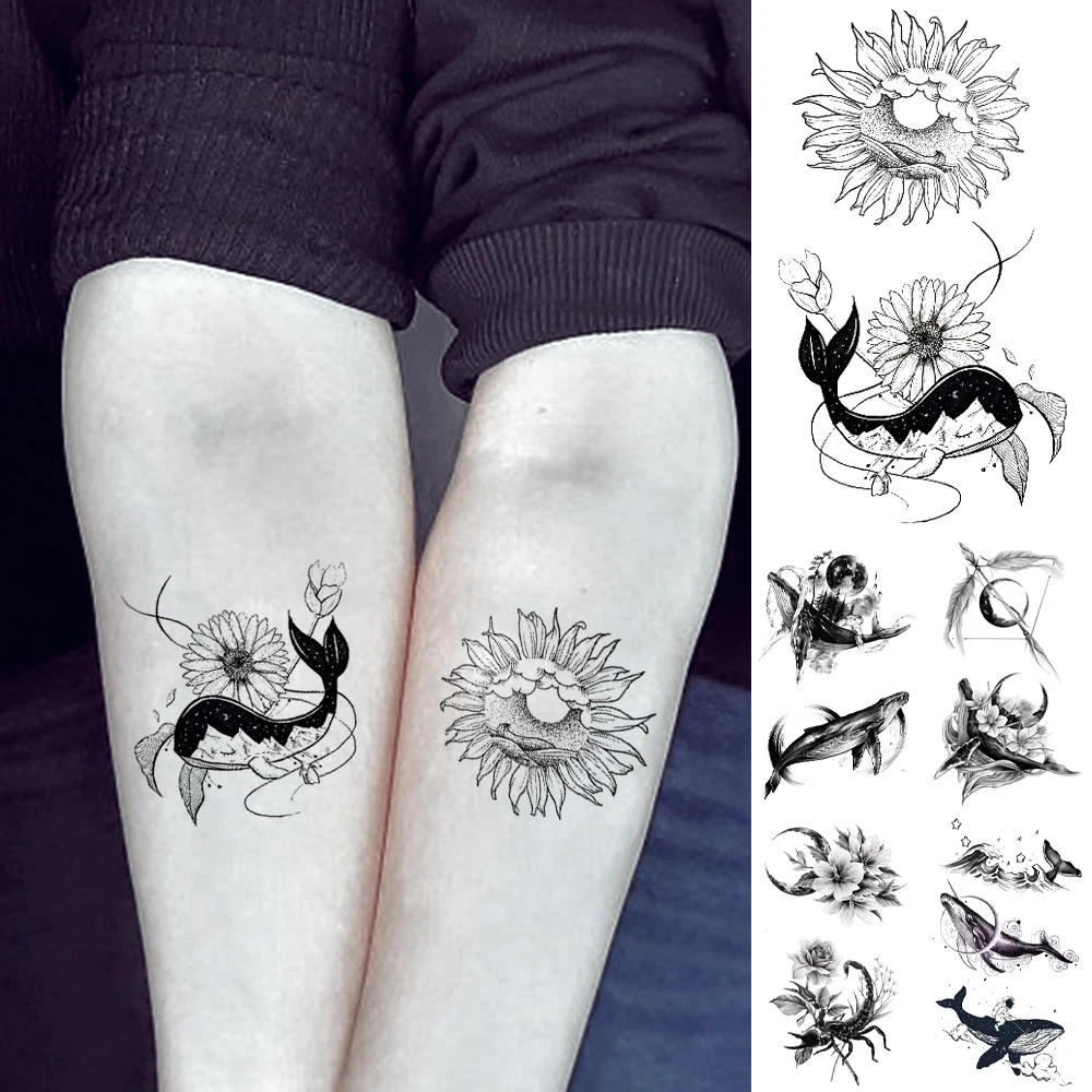 

Waterproof Temporary Tattoo Sticker Whale Ocean Flowers Flash Tatoo Moon Feather Hand Wrist Fake Tatto For Body Art Women Men