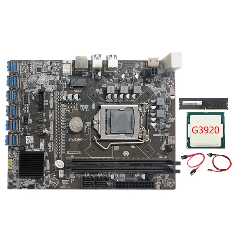 

Материнская плата для майнинга B250C с процессором G3920 + 1XDDR4 8 Гб 2133 МГц ОЗУ + кабель SATA + кабель переключателя 12XPCIE на USB3.0 слот для карты