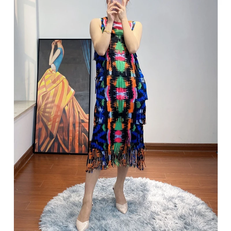 Changpleat 2021 summer new sleeveless tassel dress Miyak fold Women's Fashionable plus size slimming mid-length dress