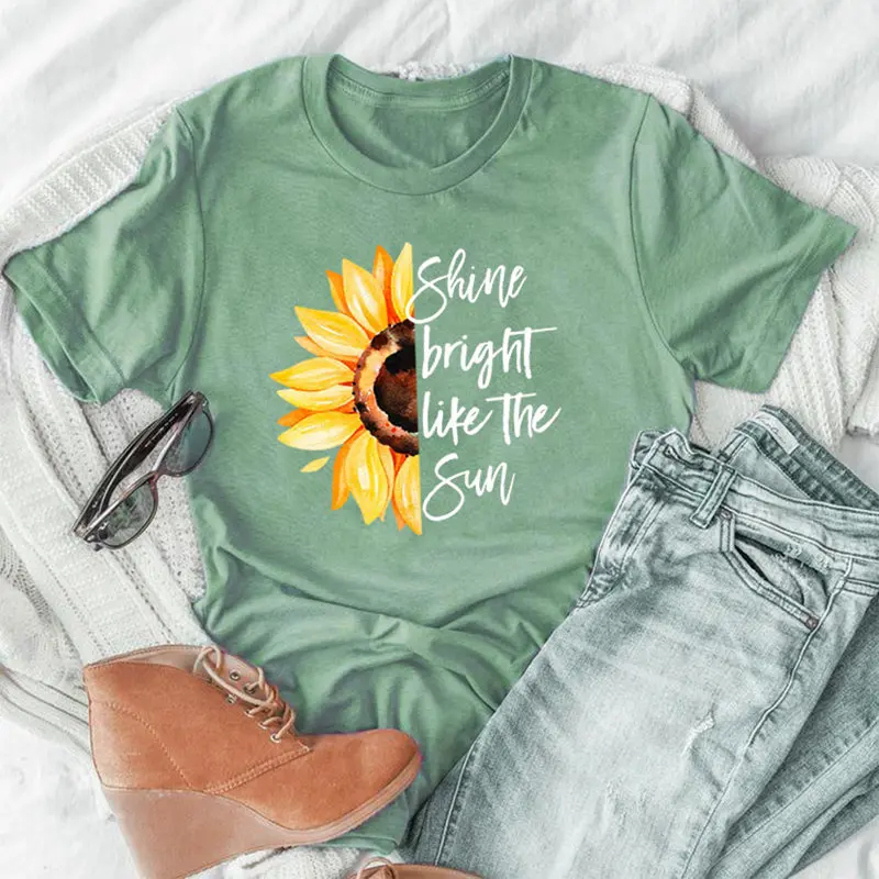 

Women Shine Bright Like The Sun Sunflowers Casual Funny Soft Ladies Hipster Top Floral Letters Streetwear Tee T-Shirt