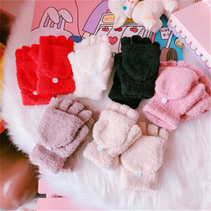 Pure color Plush Gloves Winter adult warm students Half Finger fold women's knitting gloves Japanese and Korean lovely style |
