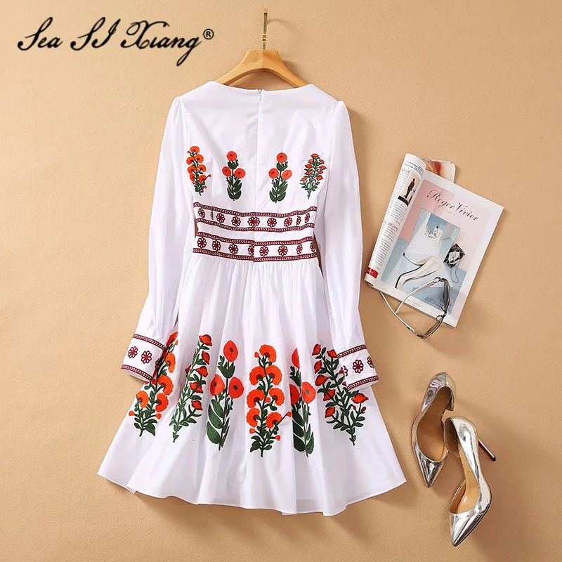 

Seasixiang Fashion Designer Spring Cotton Dress Women's Square Collar Lantern Sleeve Floral Embroidery Vintage Mini Dresses