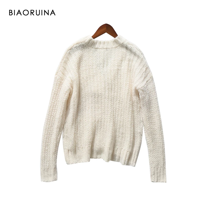 BIAORUINA Women's Beige Loose Single Breasted Winding Knit Cardigans Female Keep Warm Vintage V-neck Oversized Sweater |
