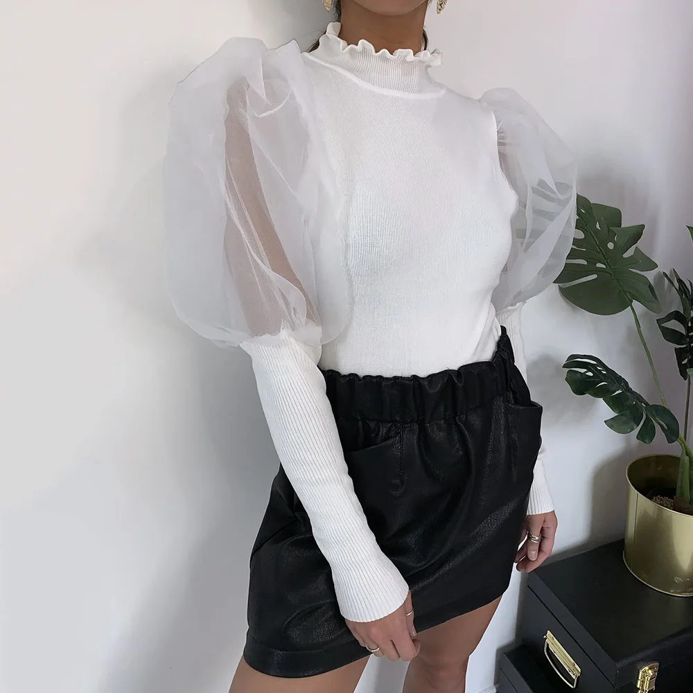 Женская рубашка с пышными рукавами сексуальная прозрачная сетчатая блузка на