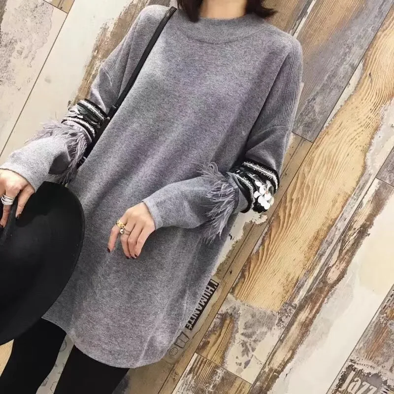 Женский кашемировый свитер с аппликацией элегантный длинный пуловер блестками и