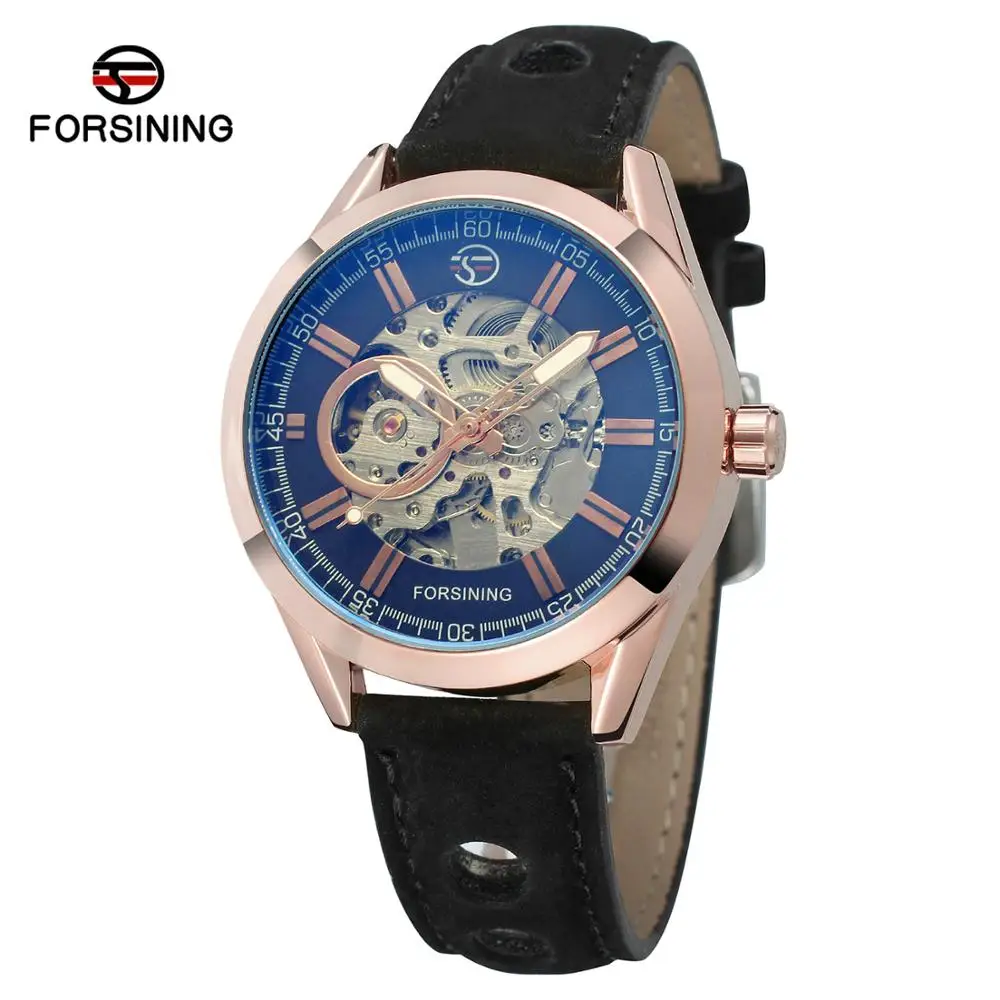

Men's fashion leisure hollow automatic mechanical Watch movement Outdoor military sports waterproof Luminous leather Wristband