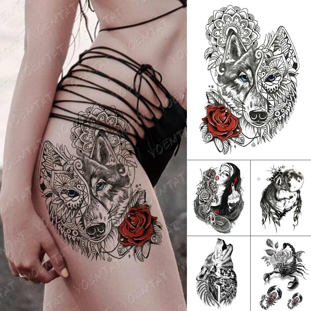 

Women Men Temporary Tattoos 2021 Body Transfer Semi Permanent Tiger Jagua Ephemeral Tattoo Tatu Wolf Fox Flower Mask Legs Art