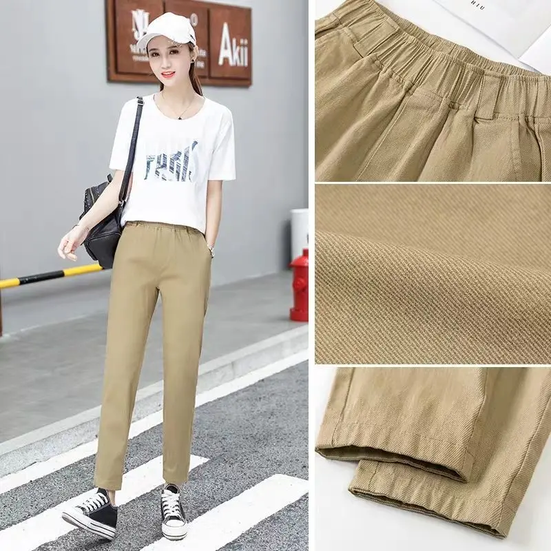 

Women's Spring Autumn Style Jogger Pants Women's Cotton Solid Color High Waist Pockets Elastic Waist Casual Trousers KK0315