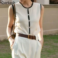 sweater vest women apricot fashion all match sleeveless clothes summer chic o neck single breasted straight design retro elegant