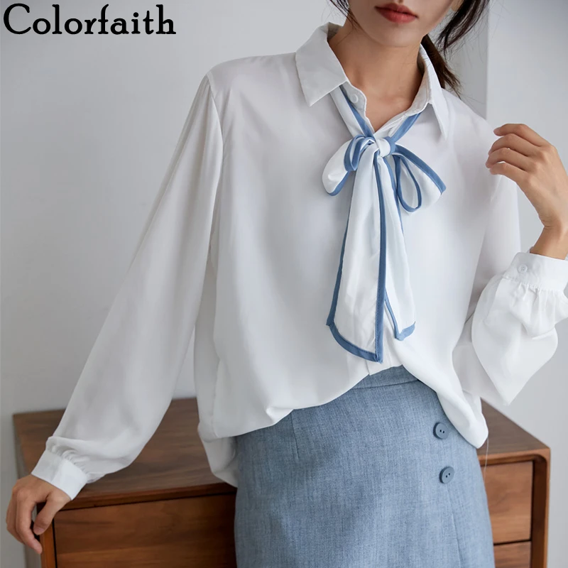 

Colorfaith New 2021 Spring Summer Blouses Shirts Chiffon Lace Up Bow Vintage Oversize Office Lady Fashionable Wild Tops BL5208