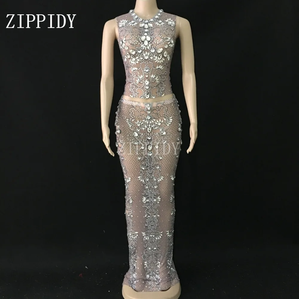 

2019 Shining Stones Top Skirt Set Stretch Dress Party Women Singer Nightclub Dance Shinning Dress 2-piece Skinny Dress