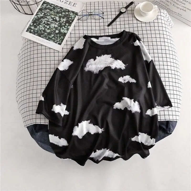 women's t-shirts 2021 summer new Korean letter cloud print student O-Neck short-sleeve t-shirt mid-length Womens Oversized Top