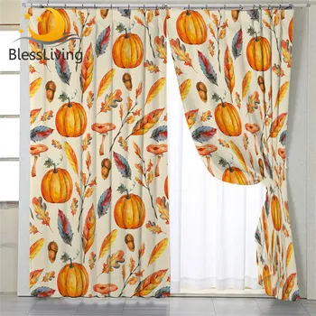 BlessLiving Pumpkins Curtain for Living Room Golden Leaves Bedroom Curtain Blackout Mushrooms Window Treatment Drapes 1-Piece 1