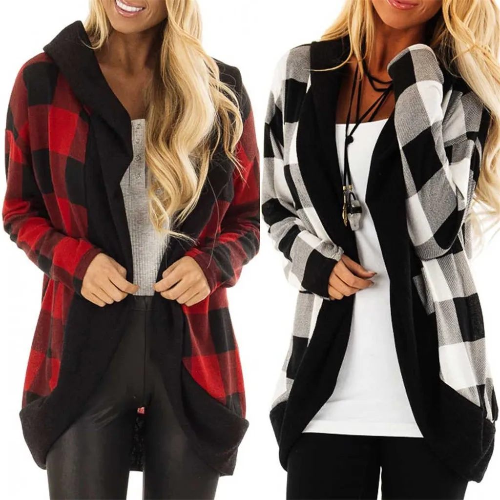 Женская Длинная ветровка в клетку с длинным рукавом|Женские толстовки и