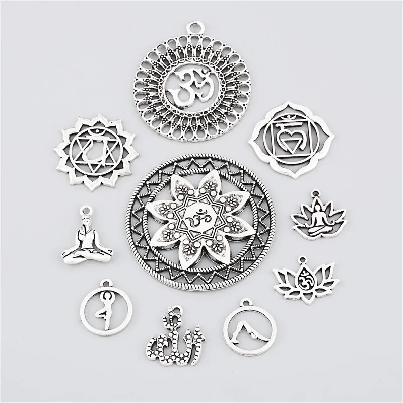 10 шт микс амулеты религиозная круглая Йога серебряный цвет кулон для