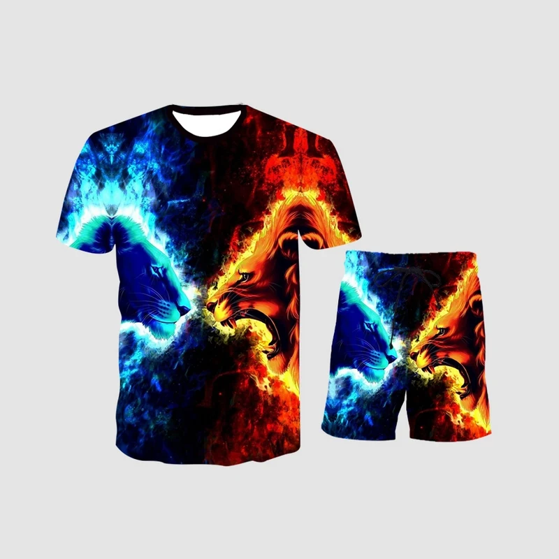 

2021 New Animal Pattern 3D Print Men's Sets Summer Short Sleeve T-Shirt/ Shorts 2 Pcs Lion Print Fashion Clothes Can Be Large
