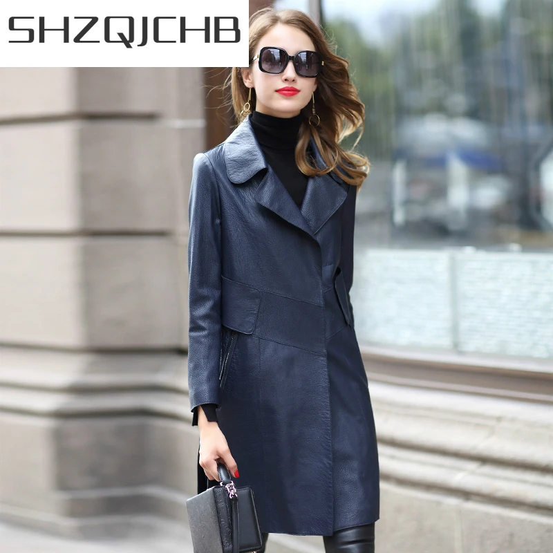 

SHZQ 100% Женская длинная куртка из натуральной кожи и мутона, Женский тренчкот, свободная одежда на весну и осень, LWL1465