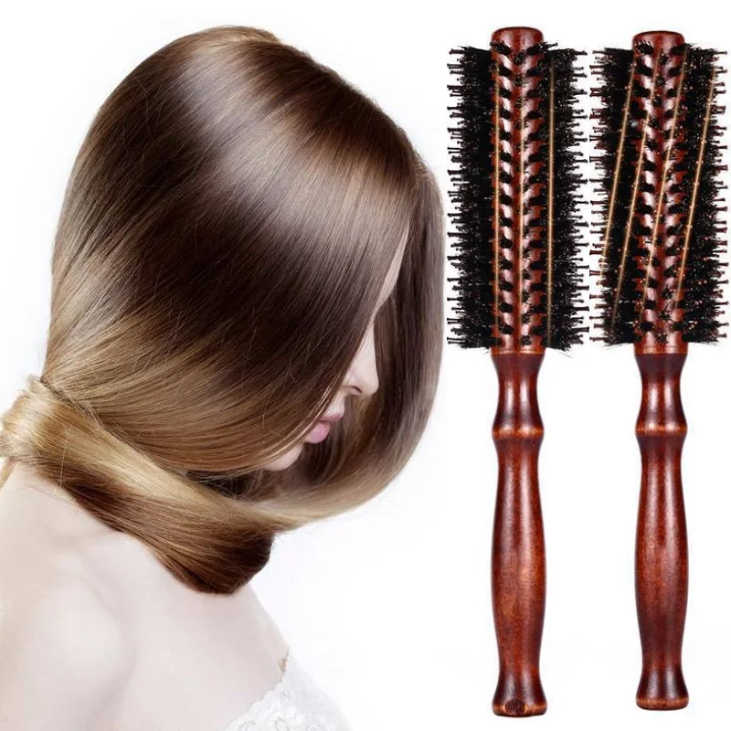 

1PCS Boar Bristle Round Hair Brushes Wooden Handle Styling Brush Anti Static Quiff Roller Hair Comb Straightening And Curling