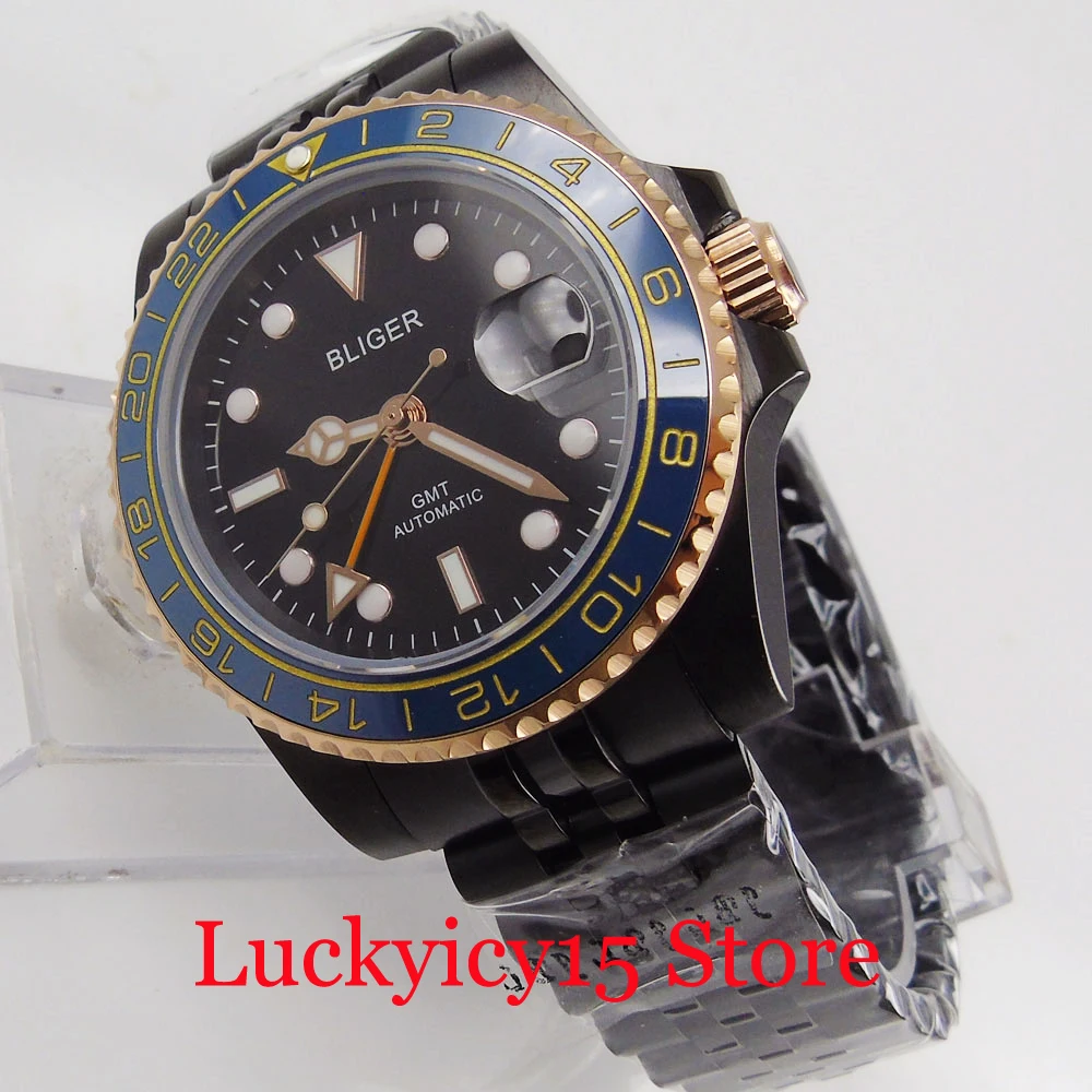 

PVD Plated Black Wristwatch 40mm Self Winding Men Watch Sapphire Glass GMT Hand Jubilee Band