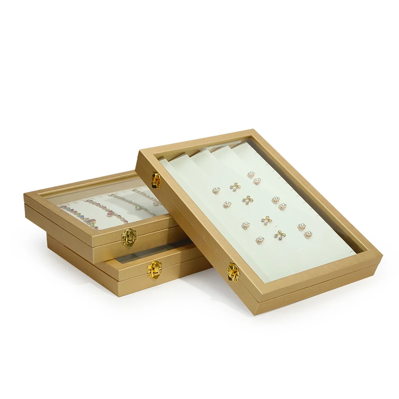 Gold White Thousand Silk PU Glass Cover Jewelry Tray Necklace Pendant Ring Storage Tray Jewelry Storage Tray