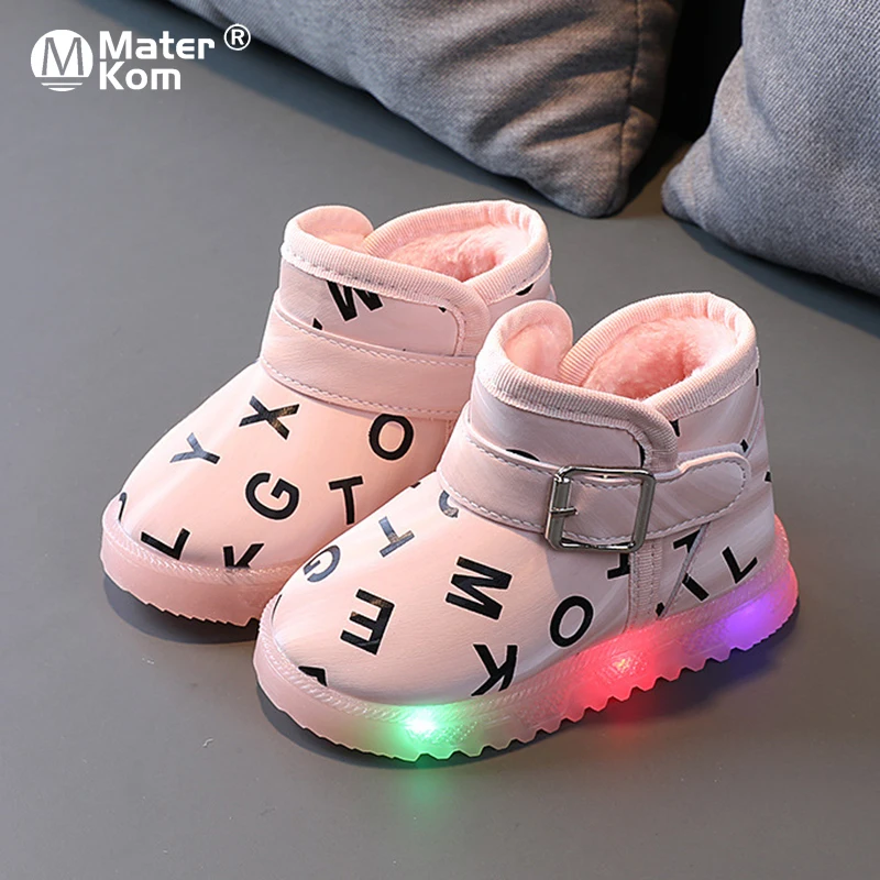 

Size 21-30 Baby Snow Boots With LED Lights Winter Cotton Shoes For Kids Boys Girls Thicken Baby Luminous Boots Glowing Sneakers