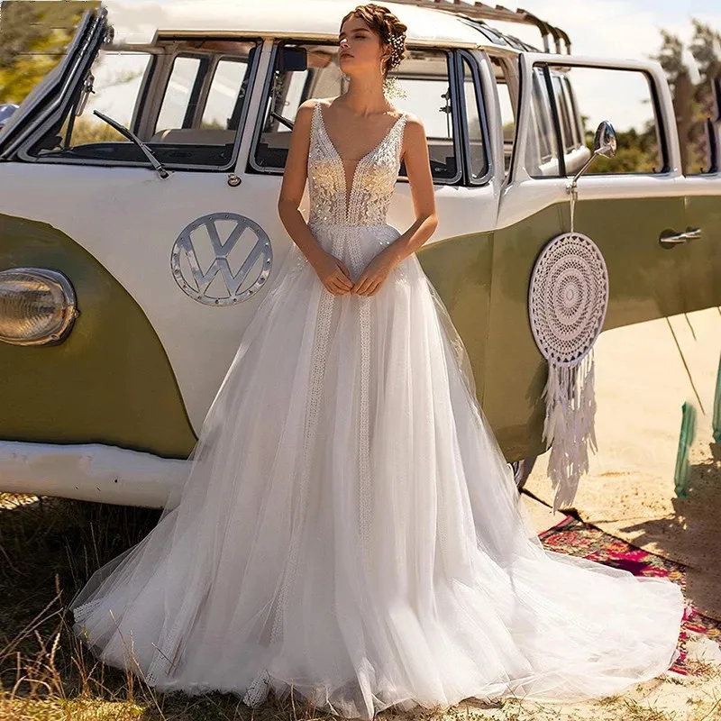 

Boho A-Line Wedding Dresses Sleeveless 2021 V-neck Open Back Beach Bridal Gowns Princess Plus Size Vestido De Noiva Custom Made
