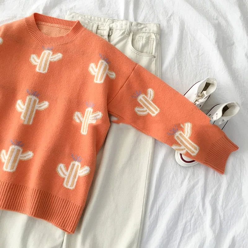 Gaganight оранжевый кактус милый свитер для девочек повседневный свободный Женский