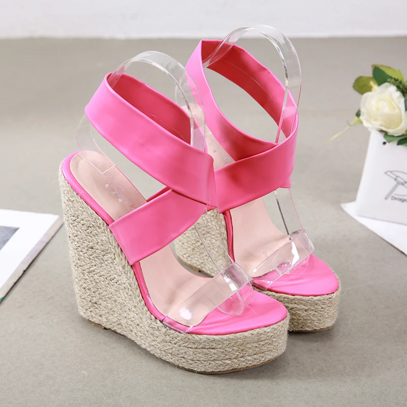2019 г. Летние женские прозрачные босоножки на высоком каблуке 15 см танкетке с