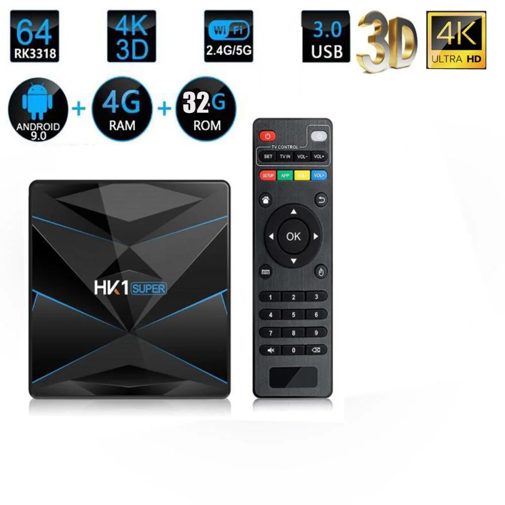 ТВ-приставка HK1 Super на Android 9 0 10 шт. RK3318 2 ГБ/16 ГБ 4 Гб 32 64 128 4G/5G двухдиапазонный Wi-Fi BT4.0