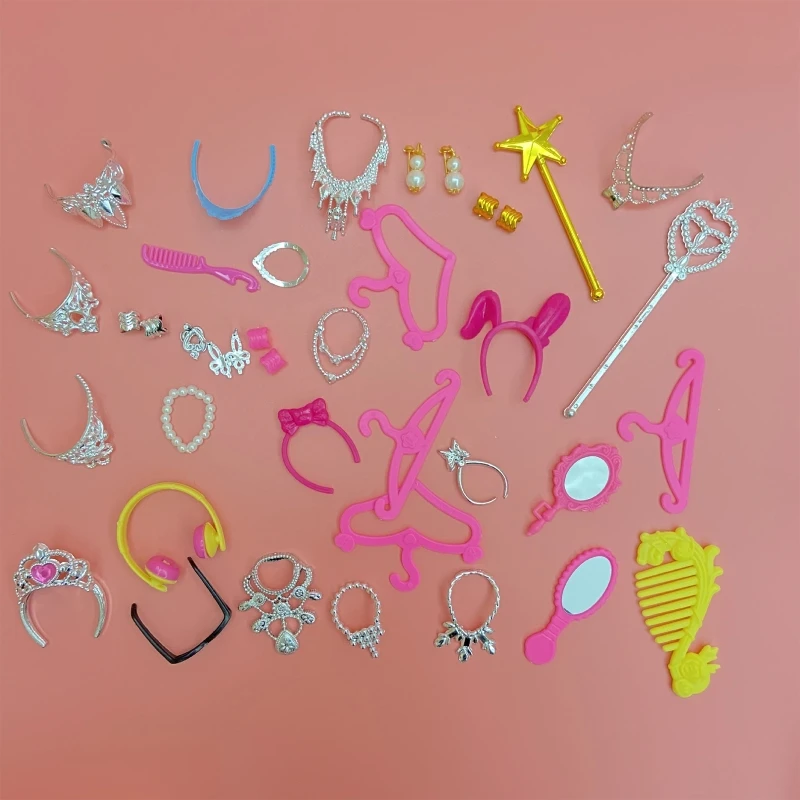 

38pcs/Set Barbi Doll Accessories Simulation Jewelry Necklace Crown Earrings Pink Hanger Mirror Comb For Barbi Doll Toys C5AF