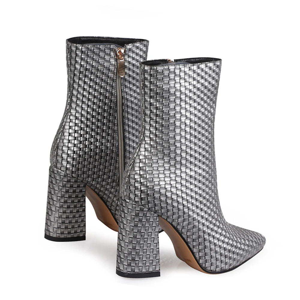 

WETKISS Woven Ankle Boots Women Hoof High Heels Short Booties Winter Autumn Pointed Toe Fashion Thick Heel Shoes Woman