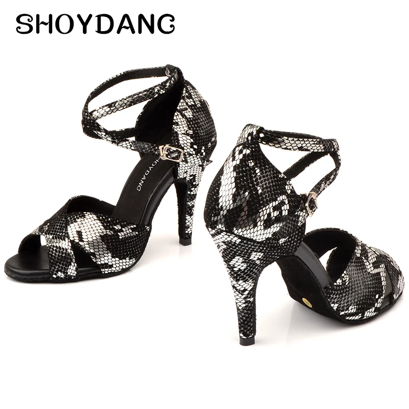 Женские туфли для латиноамериканских танцев черные со змеиным узором
