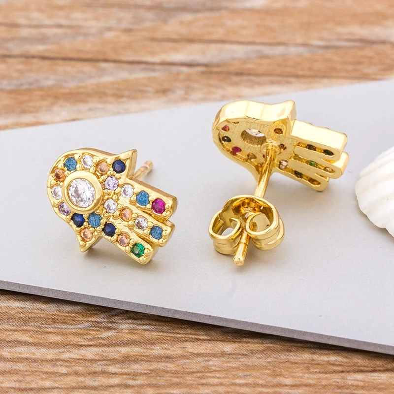 

New Fashion Shinny Mirco Pave Copper CZ Hamsa Stud Earrings Charm Palm Jewelry Best Party Birthday Gift For Women Girls