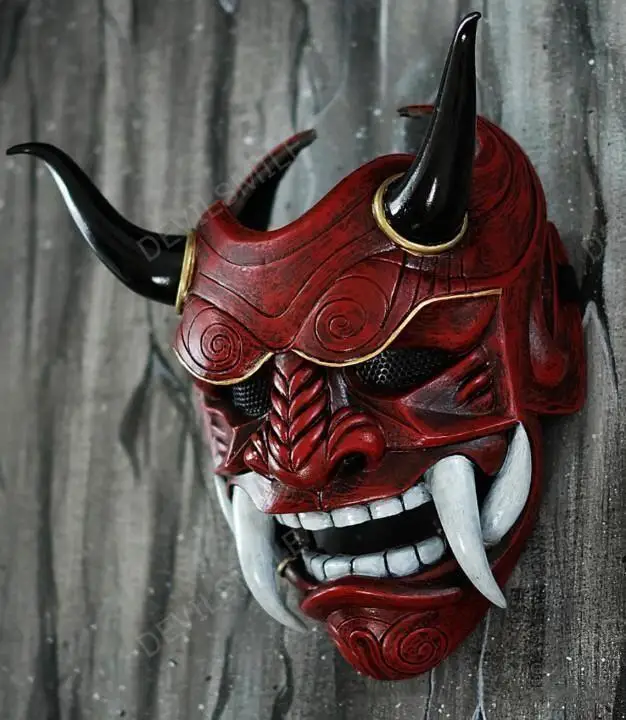 

Red Prajna Mask Cospiay Noh Japanese Latex Full Face Grimace Fangs Funny Scary Ghost God Wizard Masks Halloween Masquerade