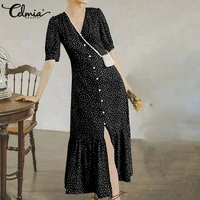 korean shirt dress celmia women polka dot vintage summer sundress 2021 short sleeve female split buttons ruffles maxi vestidos 7