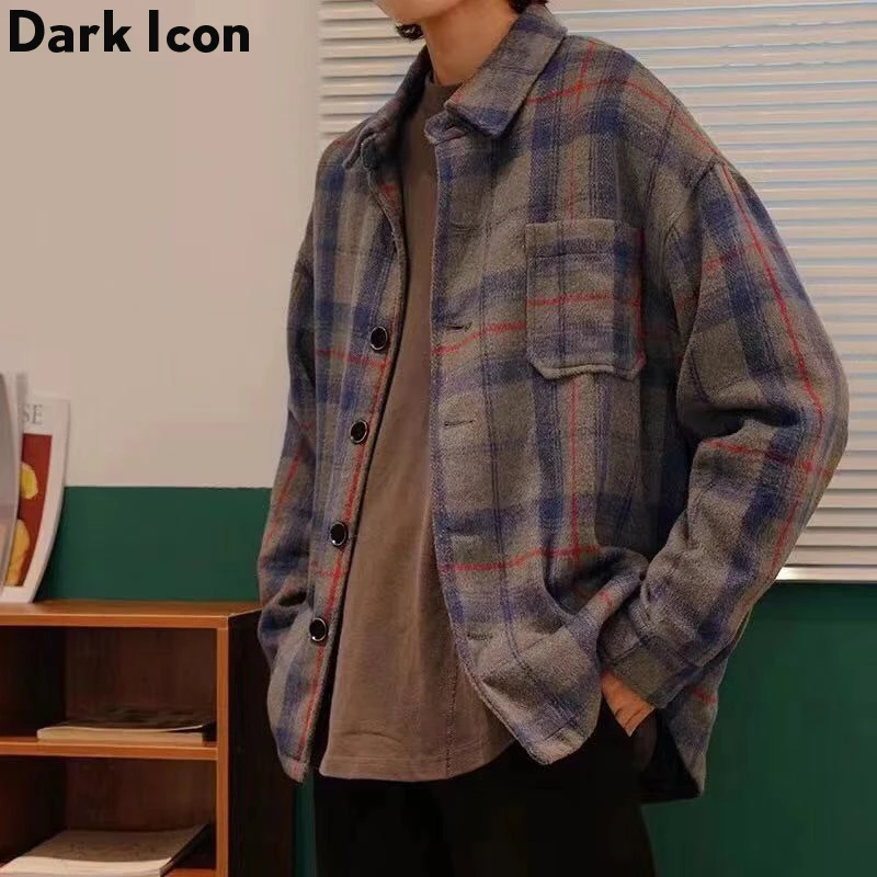 Мужская шерстяная клетчатая куртка с отложным воротником темного икона 2019