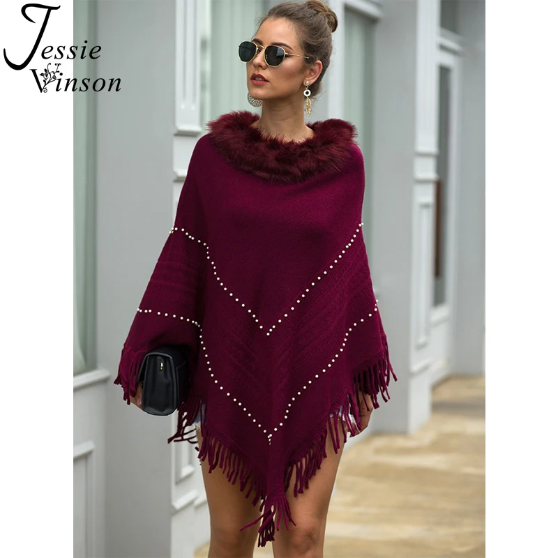 Jessie Vinson Warm Fur Collar Tassels Beading Pullover Sweater Women Winter Elegant Cape Autumn Knitted Cloak Knitwear | Женская одежда