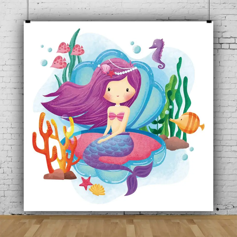 

Yeele Mermaid Party Poster Photography Backgrounds Customized Seamless Girls Photographic Backdrops Vinyl For Photo Baby Studio