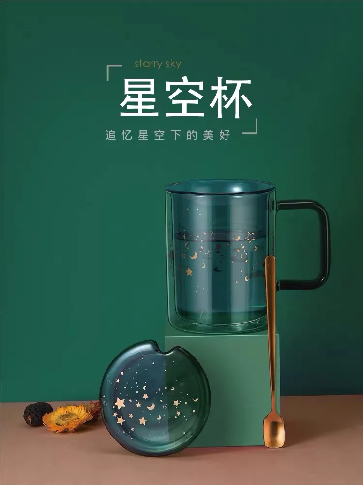 

Star cup double insulated glass water cup with lid spoon creative lovely woman cup flower tea milk coffee cup gift
