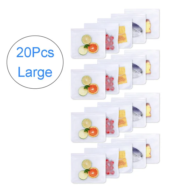 20 Large Силиконовая сумка для хранения еды, многоразовая сумка-морозильник Ziplock, герметичный кухонный органайзер для фруктов, одобрено FDA, BPA бесплатно - Цвет: 20 Large