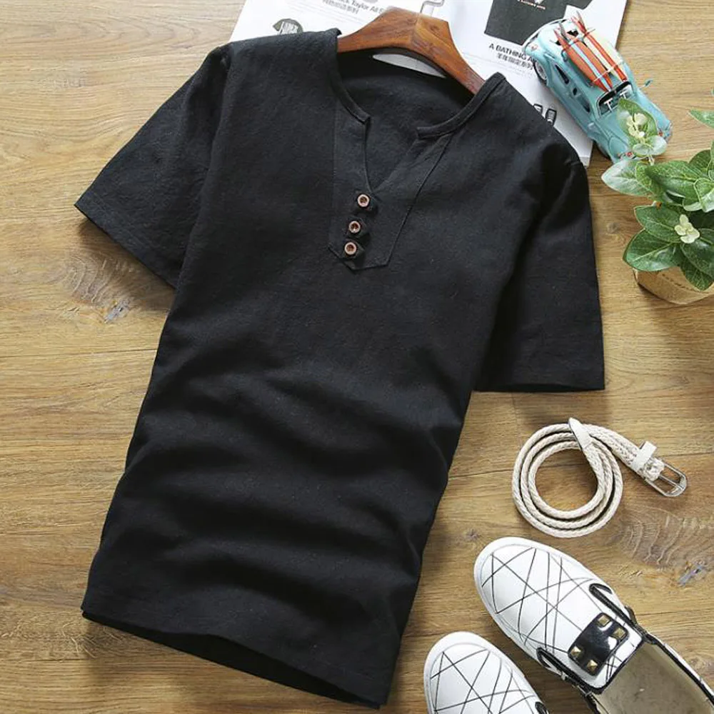 Мужская льняная летняя Однотонная футболка большого размера с коротким рукавом